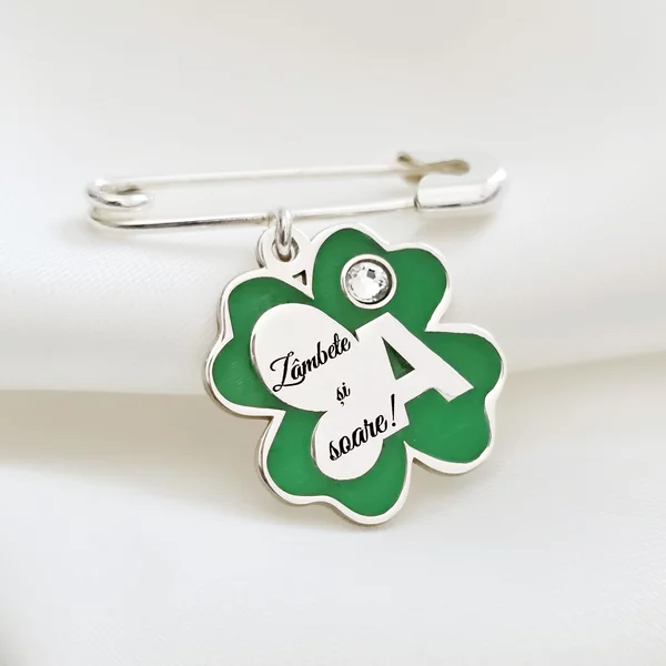 Brosa Ac de siguranta - Trifoi cu Zambete – Initiala personalizata - Argint 925 - Email verde & Cristal Swarovski