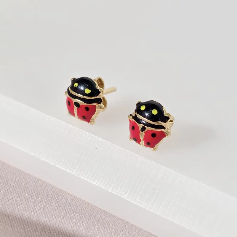 Cercei Buburuza colorata  - Aur Galben 9K - Inchizatoare surub picture - 3