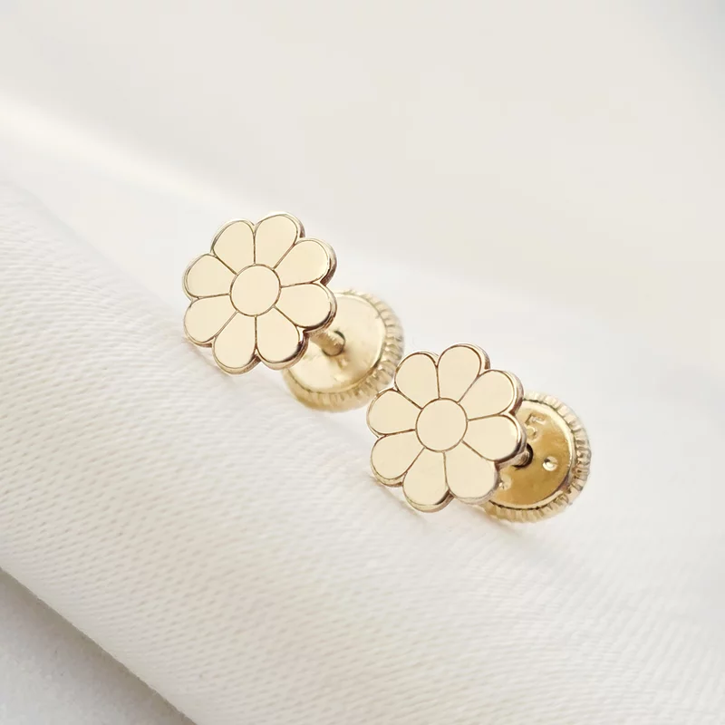 Cercei copii/bebe - Model floare - Aur Galben 9K - Inchizatoare sigura si confortabila cu filet picture - 1