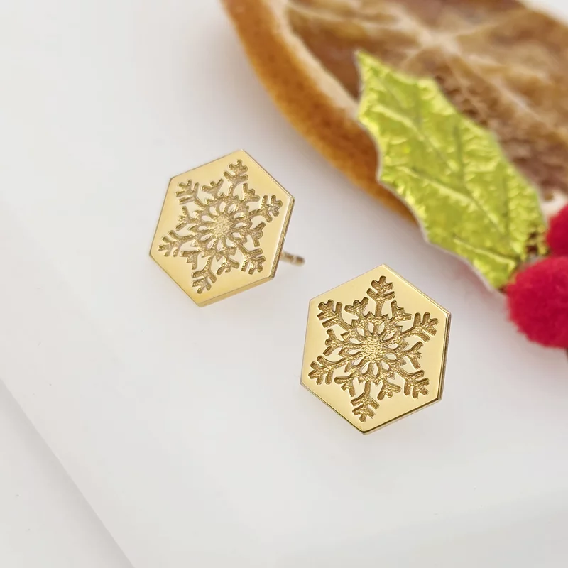 Cercei Craciun - Model Hexagon - Fulg de zapada - Argint 925 placat cu Aur galben de 18K - inchidere surub picture - 3