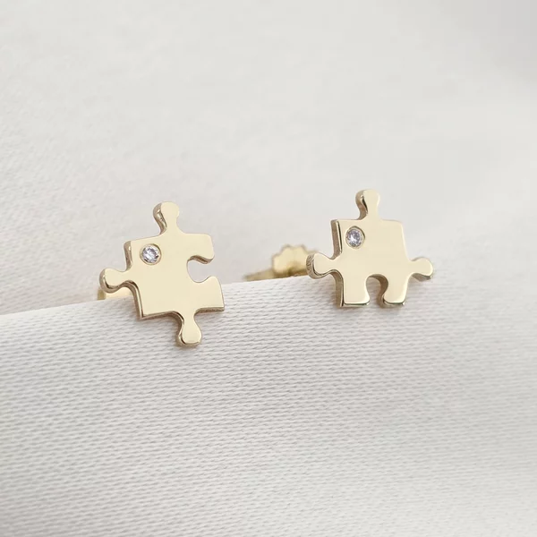 Cercei cu Diamante naturale - Piese de puzzle - Aur Galben 14K - Inchizatoare surub