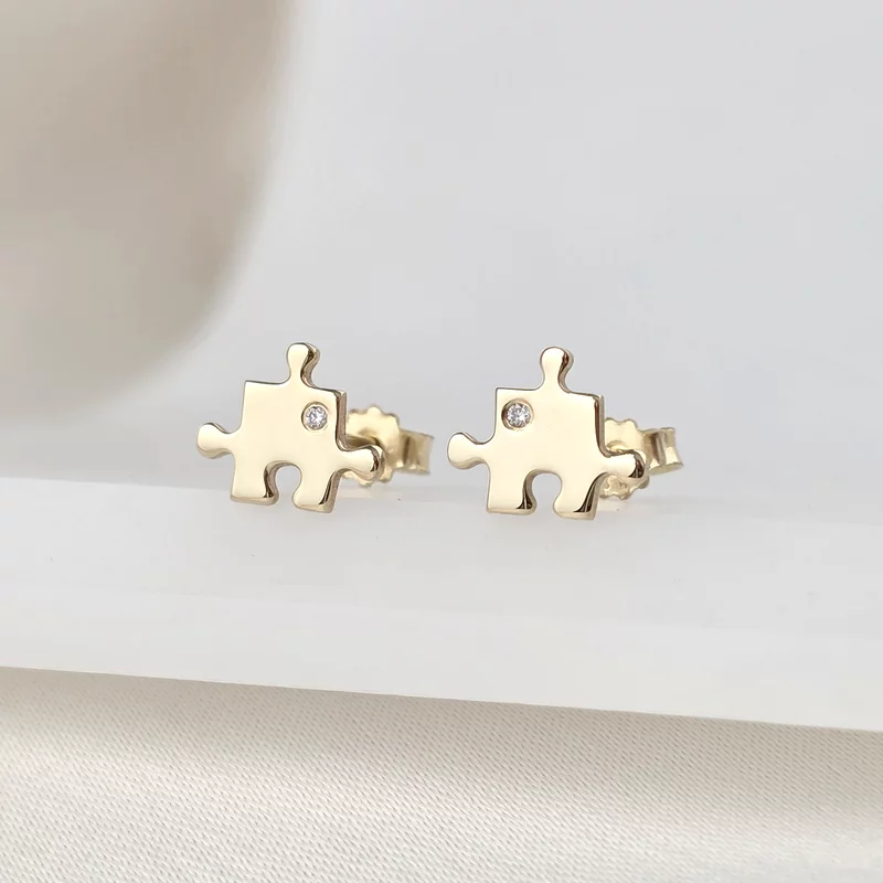 Cercei cu Diamante naturale - Piese de puzzle - Aur Galben 14K - Inchizatoare surub picture - 3