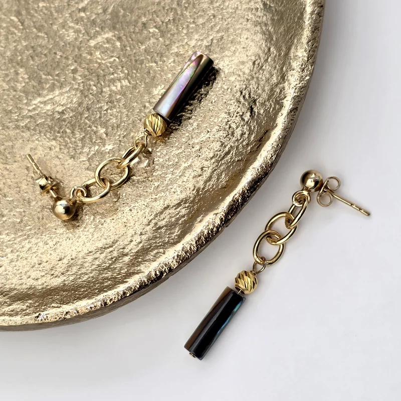 Cercei Curgatori cu Pietre Abalone Tubulare – Argint 925 placat cu Aur 18K picture - 3