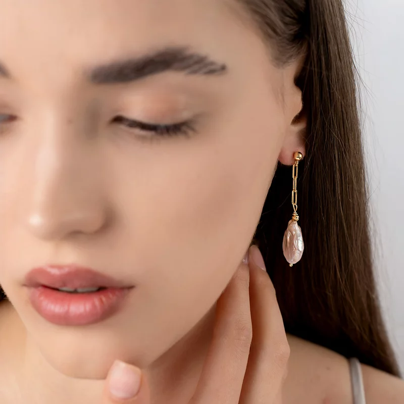 Cercei curgatori - Perle pinkie monede - Argint 925 placat cu Aur galben 18K picture - 2