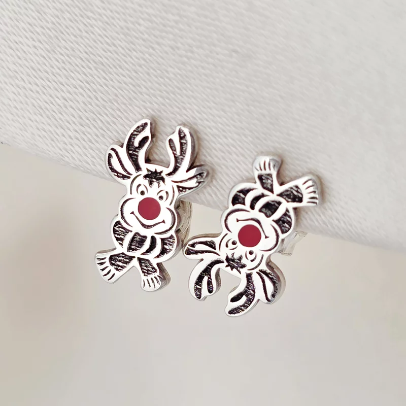 Cercei festivi - Nasul lui Rudolf cu email rosu - Inchizatoare surub - Argint 925 picture - 3