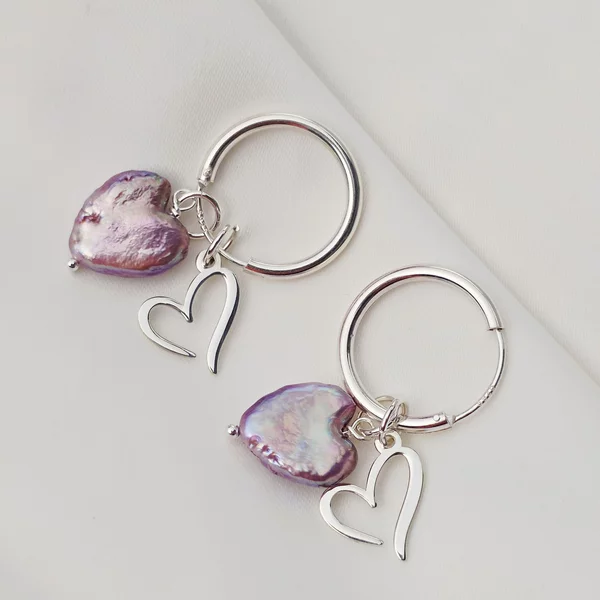 Cercei HOOPS - Inimi purpurii -  Model cu perla purple heart si o inima decupata - Argint 925