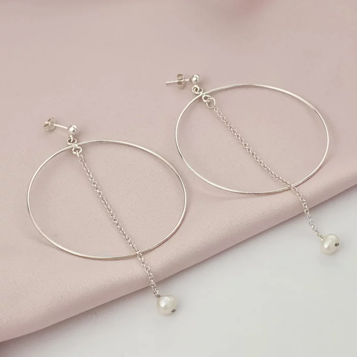 Cercei rotunzi BIG HOOPS cu lant si picatura de Perla - Argint 925 - Inchizatoare surub