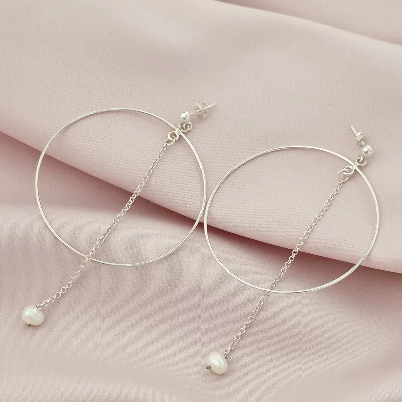 Cercei rotunzi BIG HOOPS cu lant si picatura de Perla - Argint 925 - Inchizatoare surub picture - 5