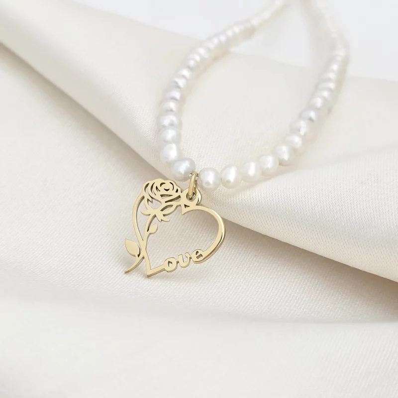 Colier Belle - Pandantiv cu Trandafir si LOVE & Sirag de Perle - Argint 925 placat cu Aur Galben 18K picture - 3