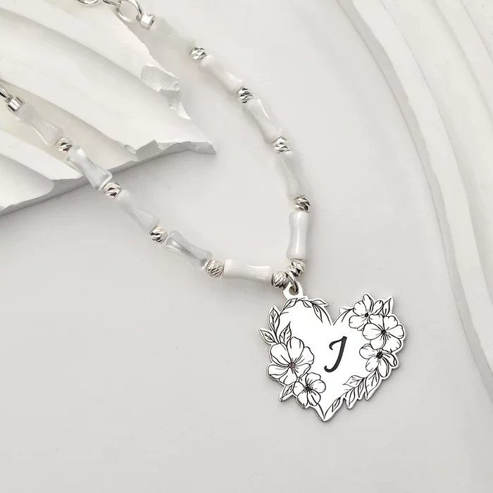 Colier Buchet din Inima - Personalizat cu Initiala - Lant combinat cu Perle Bambus & Bilute - Argint 925
