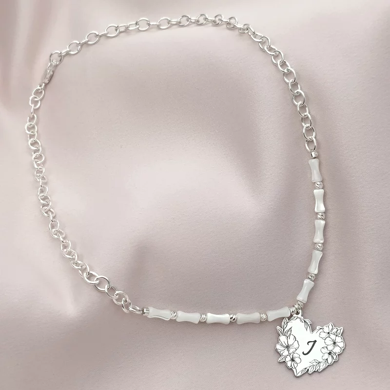 Colier Buchet din Inima - Personalizat cu Initiala - Lant combinat cu Pietre Bambus & Bilute - Argint 925 picture - 2