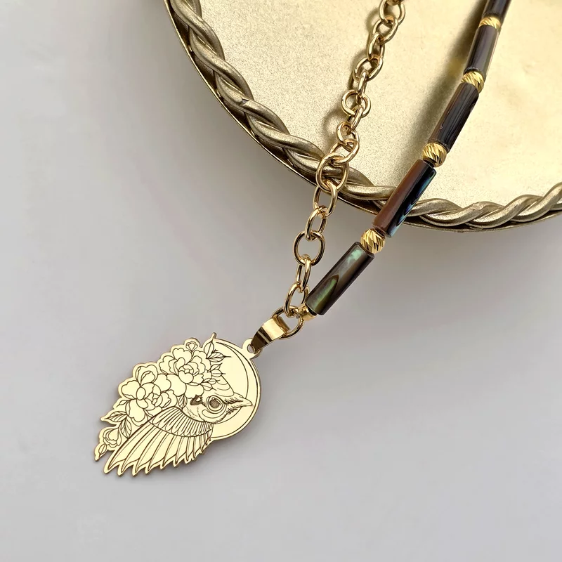 Colier Bufnita Aurie - Pietre Tubulare abalone metalizate & Bilute - Argint 925 placat cu Aur 18K picture - 3