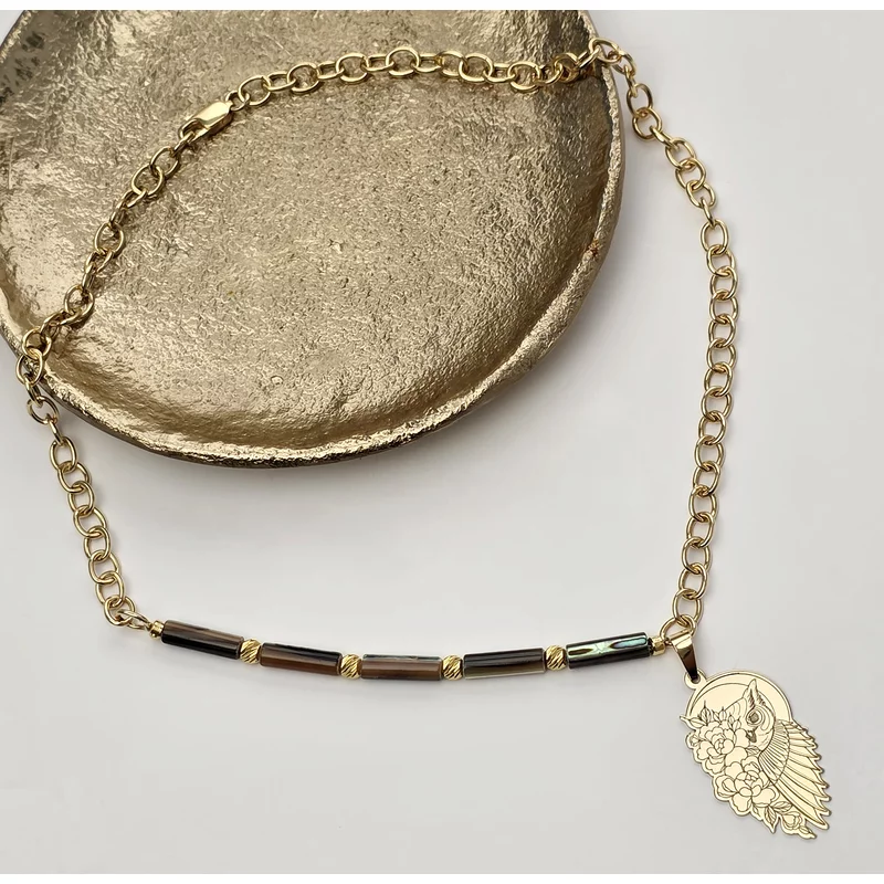 Colier Bufnita Aurie - Pietre Tubulare abalone metalizate & Bilute - Argint 925 placat cu Aur 18K picture - 4