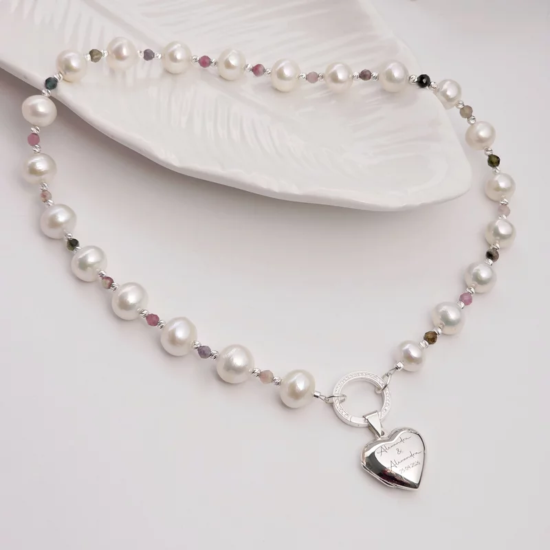 Colier cu Perle & Turmalina - Amintiri pretioase - Model cu medalion inima cu poze interior si cu prindere clasp cu cristale Zirconia  - Argint 925 picture - 7