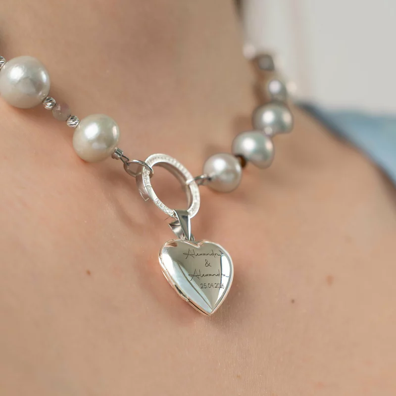 Colier cu Perle & Turmalina - Amintiri pretioase - Model cu medalion inima cu poze interior si cu prindere clasp cu cristale Zirconia  - Argint 925 picture - 4