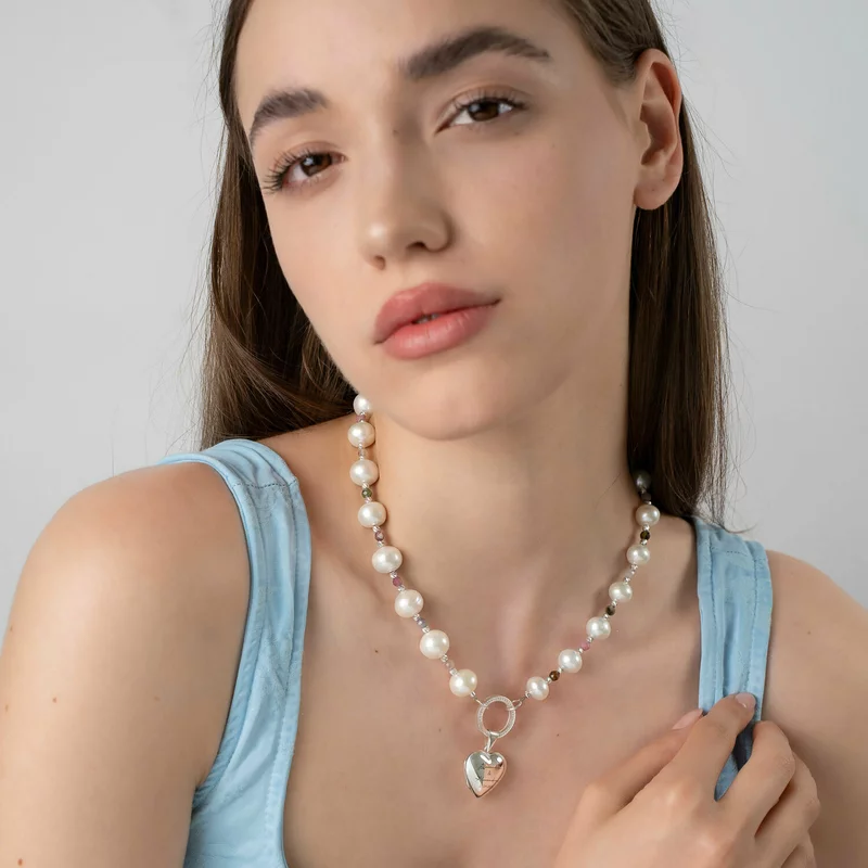 Colier cu Perle & Turmalina - Amintiri pretioase - Model cu medalion inima cu poze interior si cu prindere clasp cu cristale Zirconia  - Argint 925 picture - 2