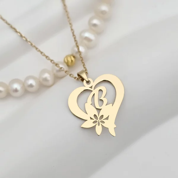 Colier Floarea Dragostei - Pandantiv inima cu initiala - Lantisor & Sirag de Perle - Argint 925 placat cu Aur Galben 18K