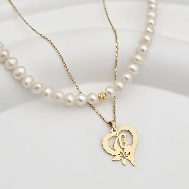 Colier Floarea Dragostei - Pandantiv inima cu initiala - Lantisor & Sirag de Perle - Argint 925 placat cu Aur Galben 18K picture - 3