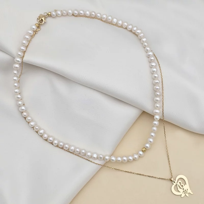 Colier Floarea Dragostei - Pandantiv inima cu initiala - Lantisor & Sirag de Perle - Argint 925 placat cu Aur Galben 18K picture - 5