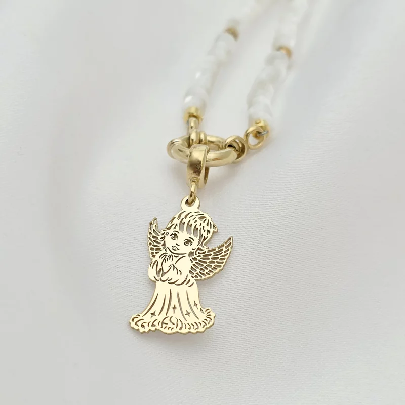 Colier Inger Pazitor - Pandantiv cu decupaje fine & Sirag Elegant de Pietre bambus sidef - Argint 925 placat cu Aur Galben 18K picture - 3