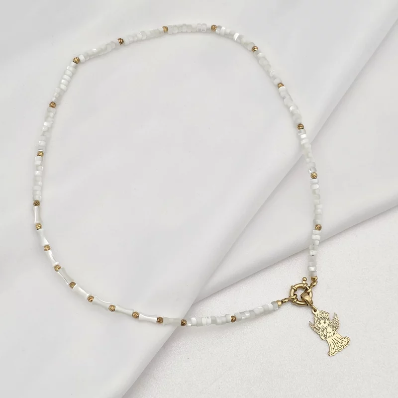 Colier Inger Pazitor - Pandantiv cu decupaje fine & Sirag Elegant de Pietre bambus sidef - Argint 925 placat cu Aur Galben 18K picture - 5