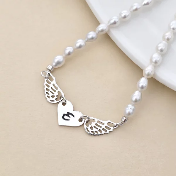 Colier Inima Gravata cu Aripi - Sirag de Perle Rice - Argint 925