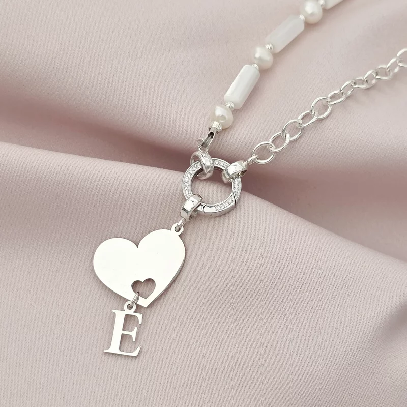 Colier Inima ta, initiala ta - Combinatie lant & Perle sidef tubulare - Argint 925 picture - 3