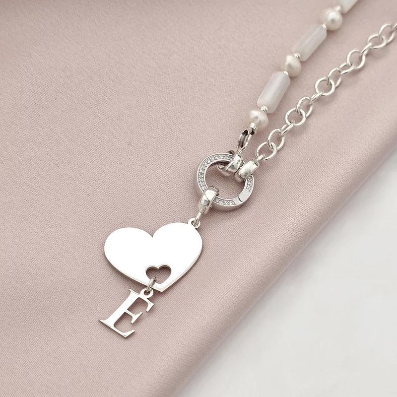 Colier Inima ta, initiala ta - Combinatie lant & Perle sidef tubulare - Argint 925 picture - 1