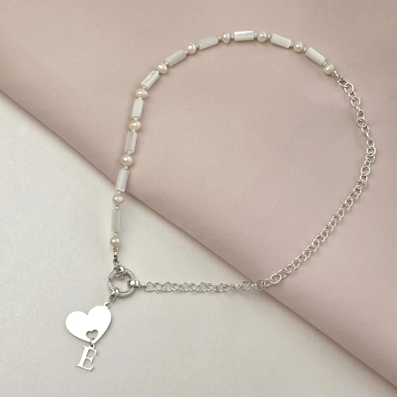 Colier Inima ta, initiala ta - Combinatie lant & Perle sidef tubulare - Argint 925 picture - 2