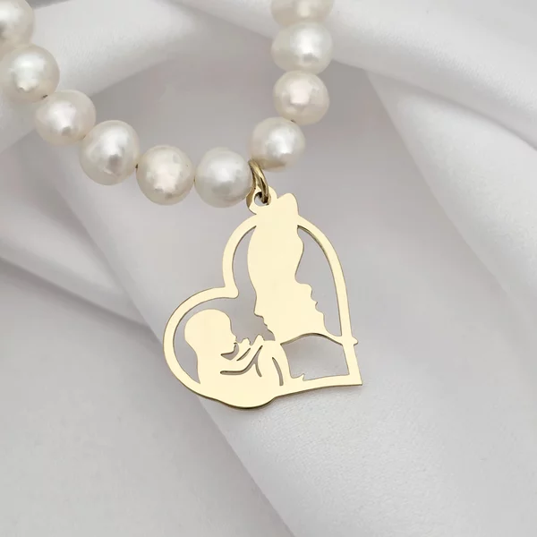 Colier Legatura Eterna - Inima cu Silueta Parintilor si Bebelus Baietel & Colier Perle - Argint 925 placat cu Aur Galben 18K