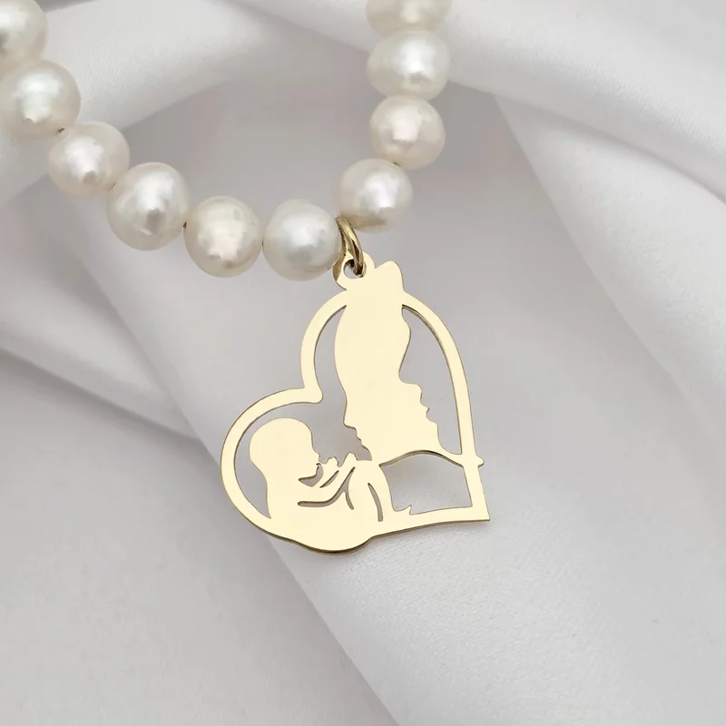 Colier Legatura Eterna - Inima cu Silueta Parintilor si Bebelus Baietel & Colier Perle - Argint 925 placat cu Aur Galben 18K