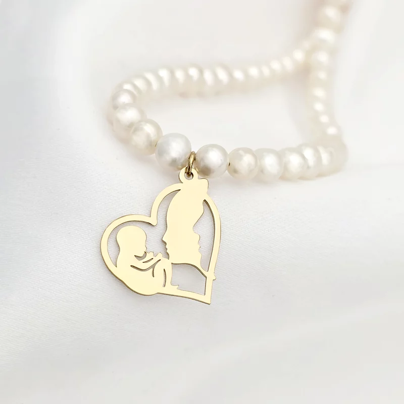 Colier Legatura Eterna - Inima cu Silueta Parintilor si Bebelus Baietel & Colier Perle - Argint 925 placat cu Aur Galben 18K picture - 3