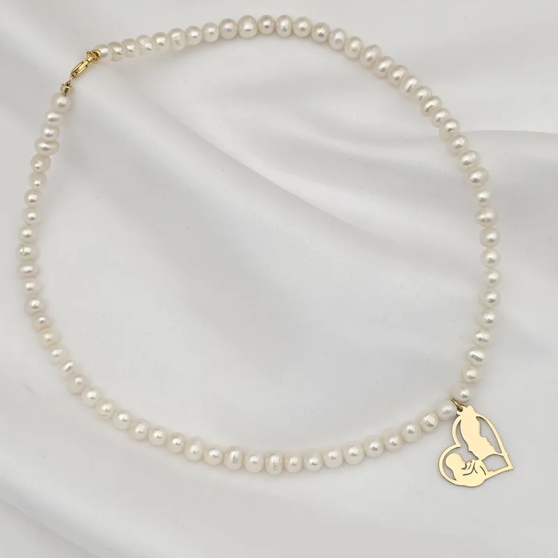 Colier Legatura Eterna - Inima cu Silueta Parintilor si Bebelus Baietel & Colier Perle - Argint 925 placat cu Aur Galben 18K picture - 4
