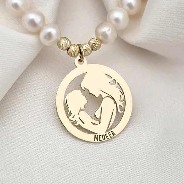 Colier Legatura Mama si Fiica - Pandantiv Disc & Sirag de Perle - Argint 925 placat cu Aur Galben 18K