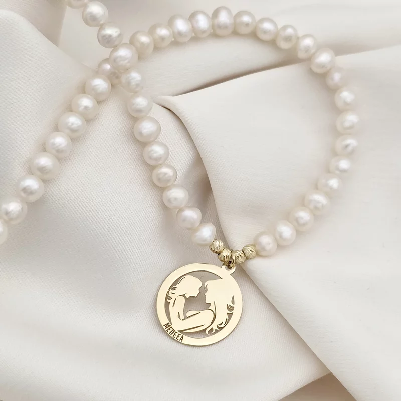 Colier Legatura Mama si Fiica - Pandantiv Disc & Sirag de Perle - Argint 925 placat cu Aur Galben 18K picture - 2