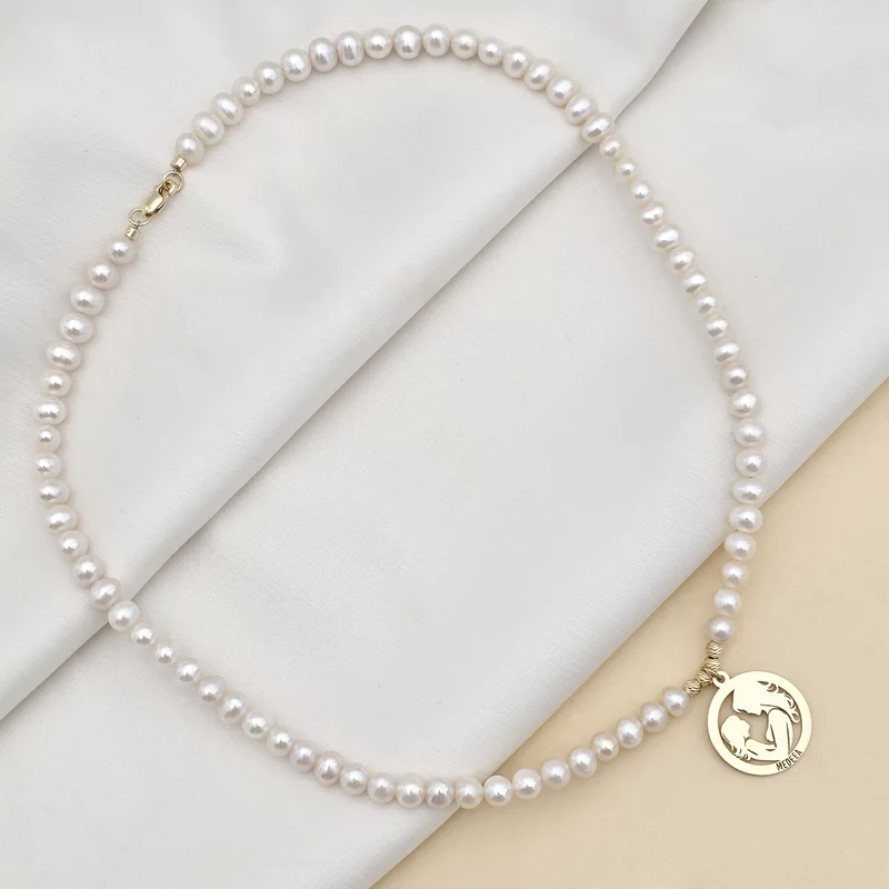 Colier Legatura Mama si Fiica - Pandantiv Disc & Sirag de Perle - Argint 925 placat cu Aur Galben 18K picture - 3