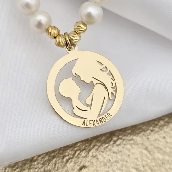 Colier Legatura Mama si Fiu - Pandantiv Disc & Sirag de Perle - Argint 925 placat cu Aur Galben 18K