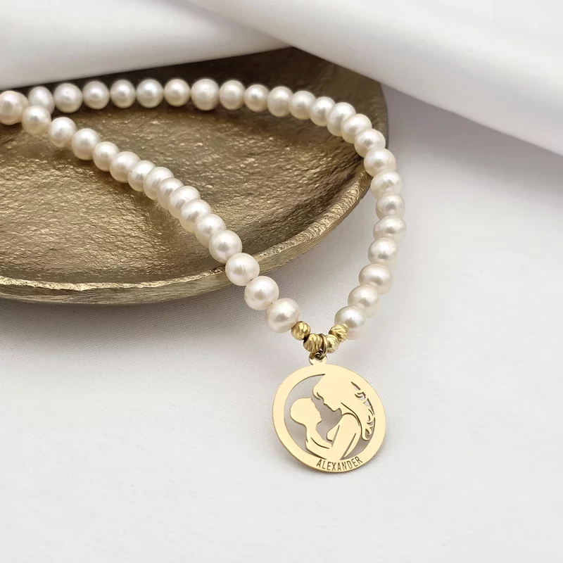 Colier Legatura Mama si Fiu - Pandantiv Disc & Sirag de Perle - Argint 925 placat cu Aur Galben 18K picture - 3