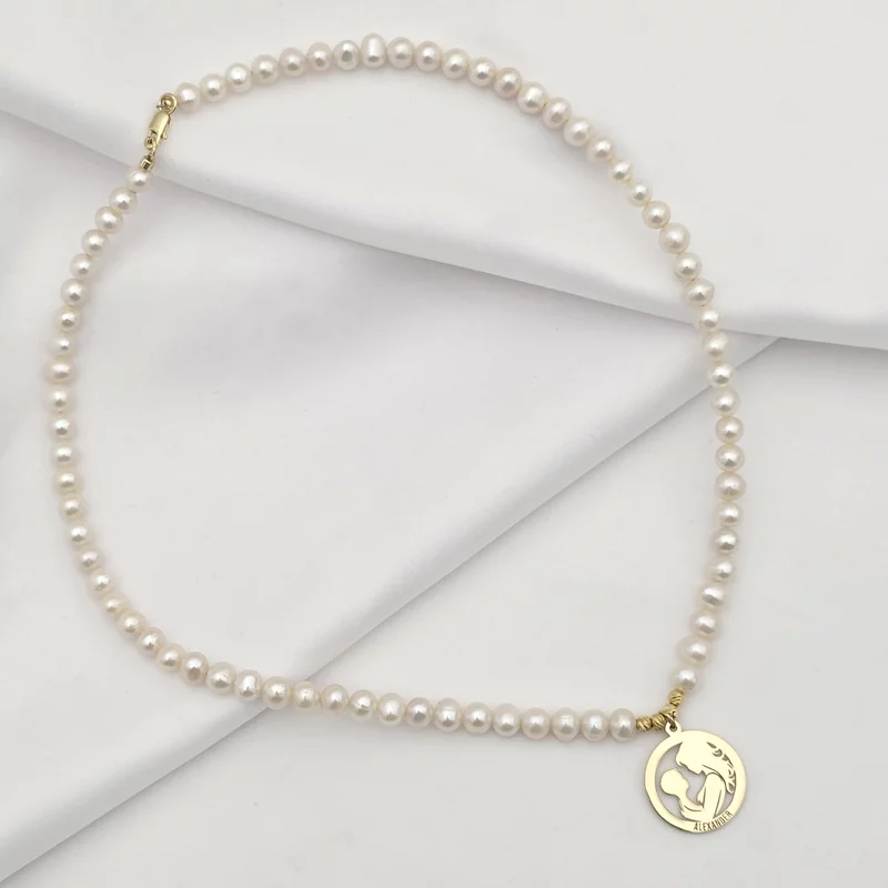 Colier Legatura Mama si Fiu - Pandantiv Disc & Sirag de Perle - Argint 925 placat cu Aur Galben 18K picture - 5