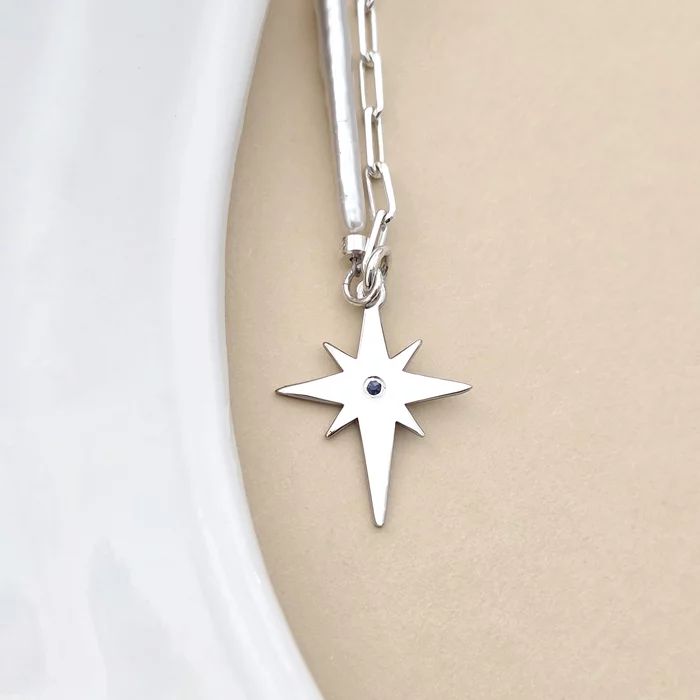 Colier Luceafar - Pandantiv stea cu Safir Albastru - Combinatie lant cu Perle Stick & Bilute - Argint 925 Rodiat