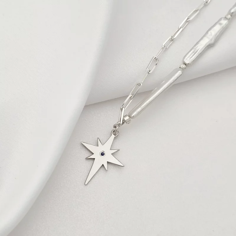 Colier Luceafar - Pandantiv stea cu Safir Albastru - Combinatie lant cu Perle Stick & Bilute - Argint 925 Rodiat picture - 2