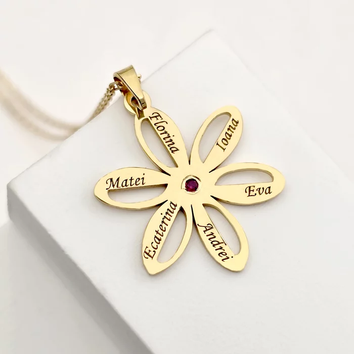 Colier Misterul Petalelor decorat cu piatra Rubin – Lant cu pandantiv personalizat - Sirag Perle cilindrice roz, gri si albe & Bilute – Argint 925 placat cu Aur Galben 18K