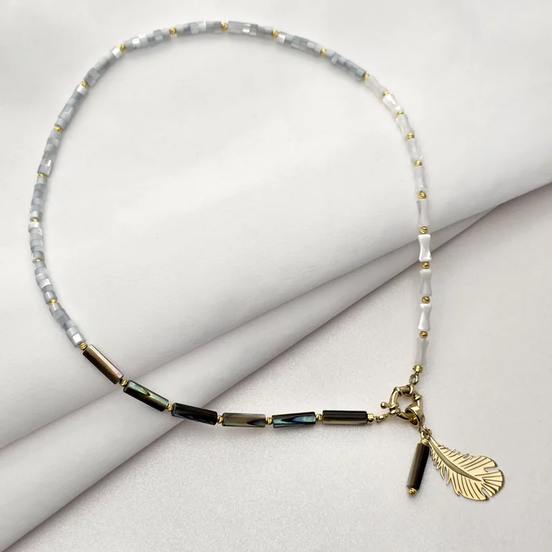 Colier Pana Aurie - Pietre Tubulare Colorate, bambus & abalone - Argint 925 placat cu Aur 18K picture - 2