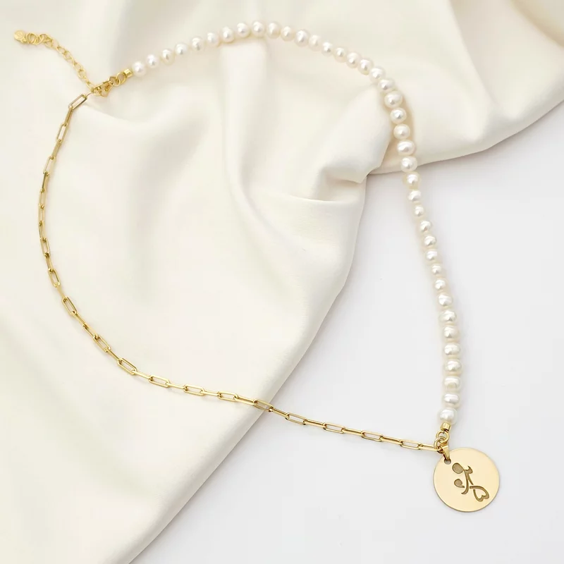 Colier Perla mea iubita - Pandantiv personalizat cu mama si copil - Combinație lant cu zale dreptunghiulare si perle - Argint 925 placat cu Aur Galben 18K picture - 4