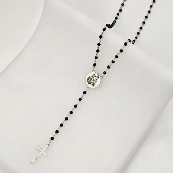 Colier Rozariu - Maica Sfanta & Cruce Mare - Lant cu pietre Onix - Argint 925
