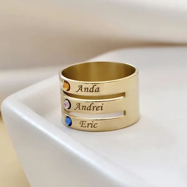 Inel personalizat 3 nume - Argint 925 placat cu Aur galben 18 k, cristale Swarovski