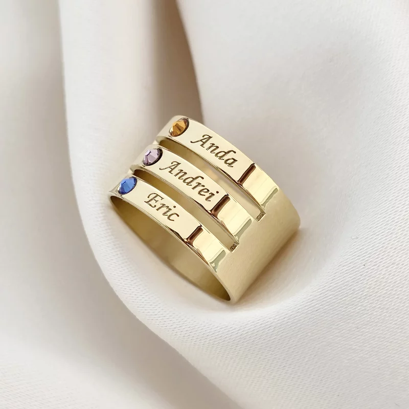 Inel personalizat 3 nume - Argint 925 placat cu Aur galben 18 k, cristale Swarovski picture - 2