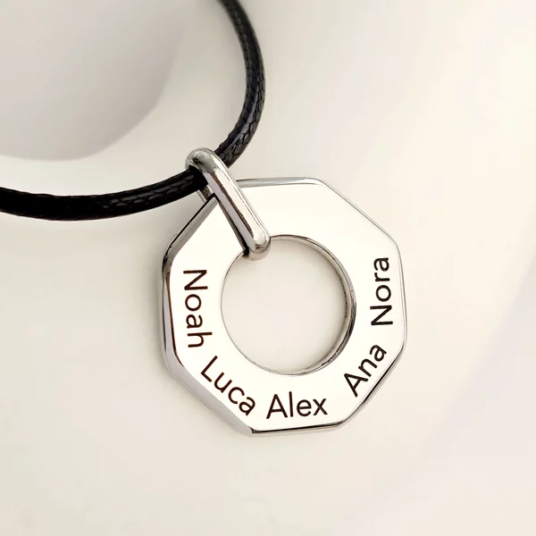 Lant barbatesc Octagon - Pandantiv personalizat & piele impletita - Otel Inoxidabil 316L