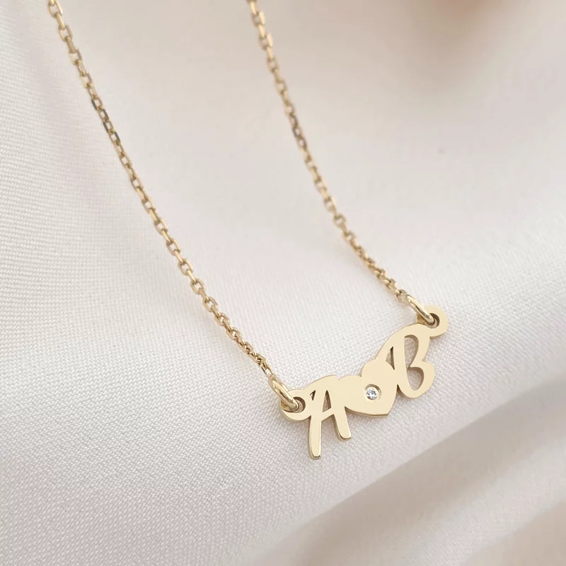 Lantisor - A noastra iubire - Inima cu Diamant natural si Initiale - Argint 925 placat cu Aur Galben 18K picture - 3