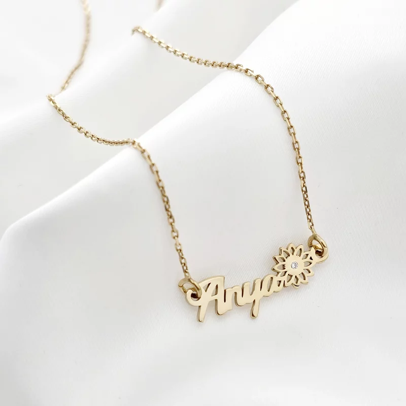 Lantisor Anya, simbol floare si Diamant natural - Argint 925 placat cu Aur Galben 18K picture - 3